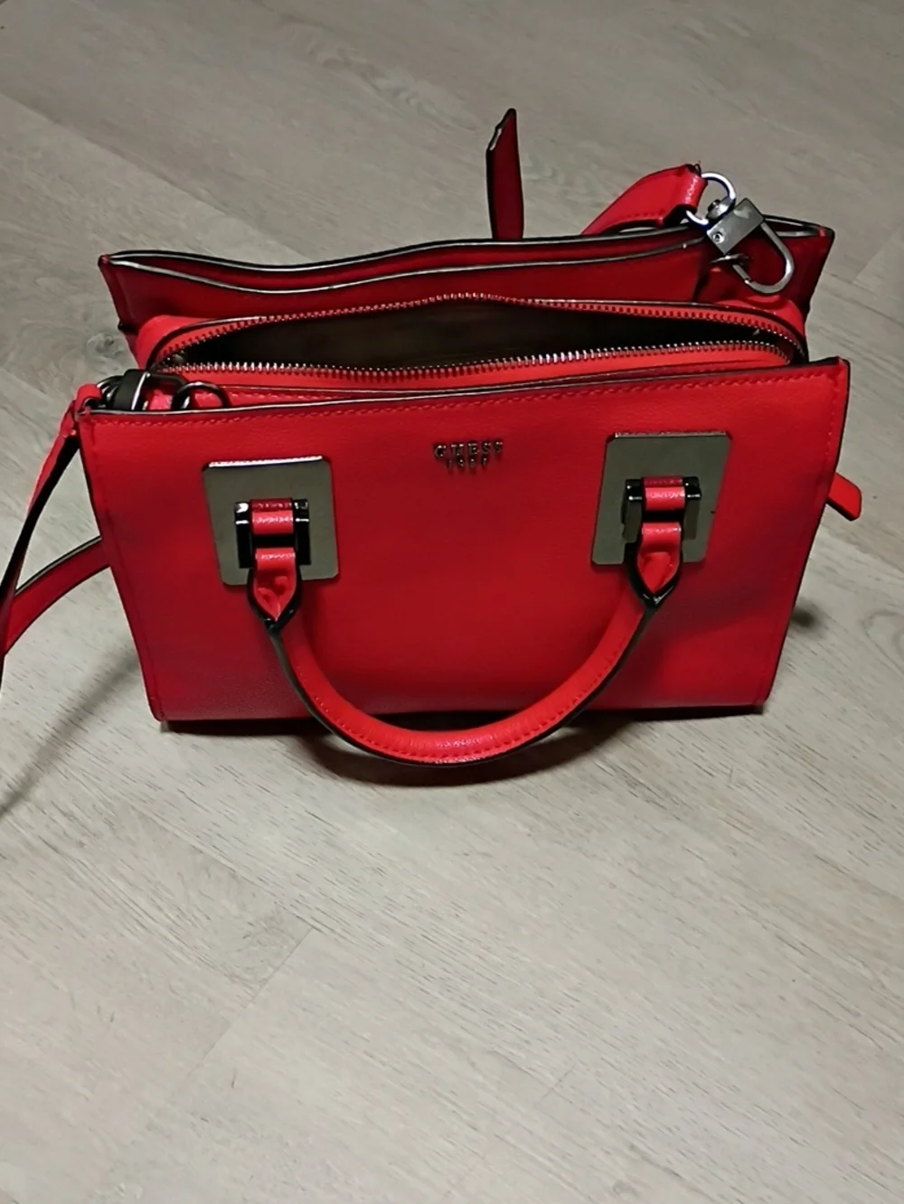 Guess Red Leather Structured Satchel with Top Handles
